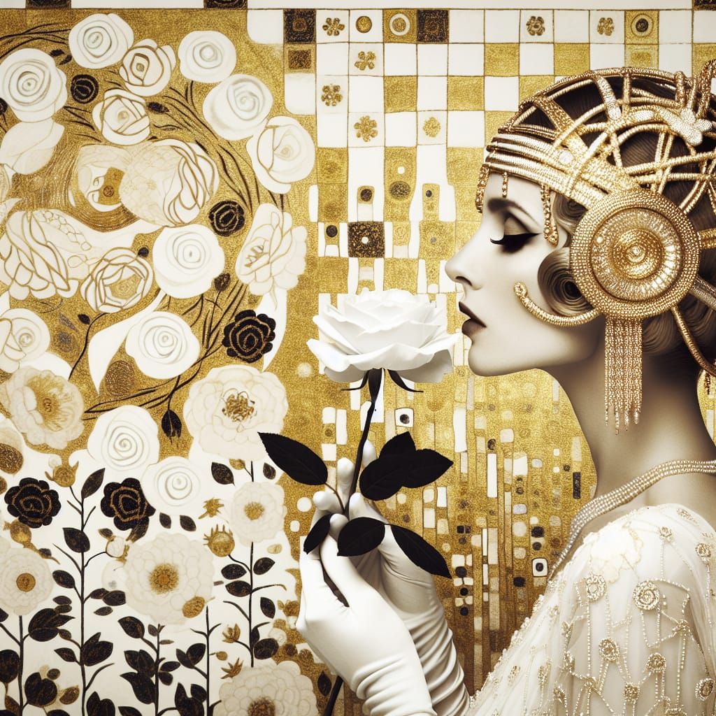 Gatsby Woman with White Rose in Klimt-Inspired Style