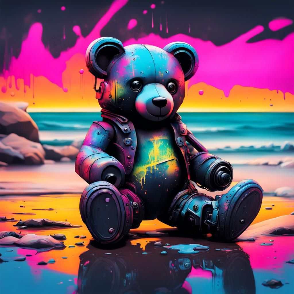 Cyberpunk Teddy Bear on Beach in Graffiti Art Style
