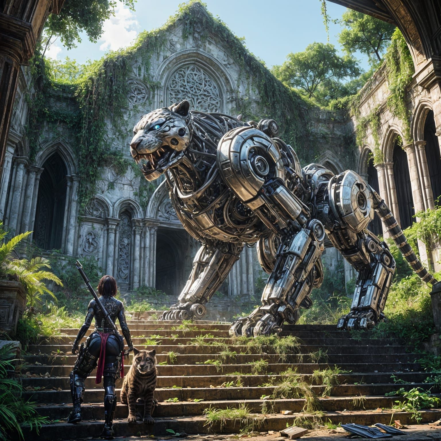 Jaguar Mech Guarding Overgrown Church in Post-Apocalyptic Sc...