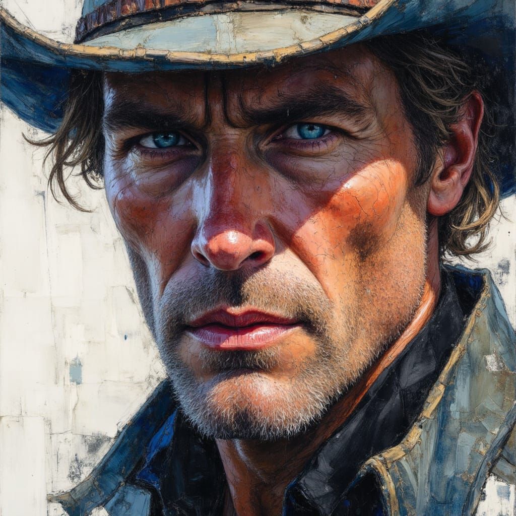 Rugged Cowboy Portrait in Alcohol Ink Sketch Style