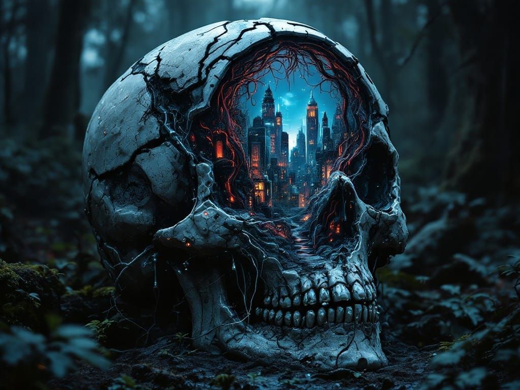 Surreal Cyberpunk Cityscape Emerges from Rotting Skull