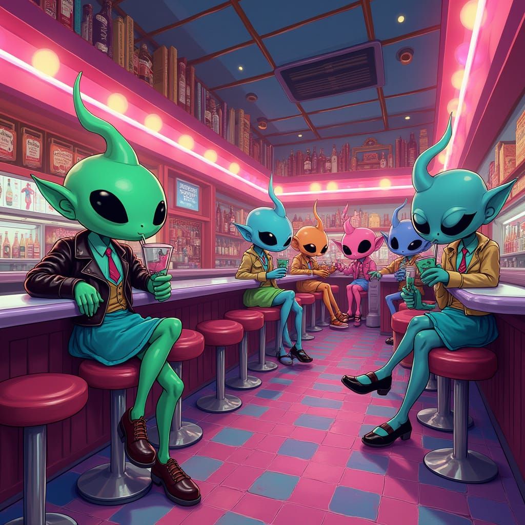 Retro Alien Soda Shop in Lisa Frank Anime Style