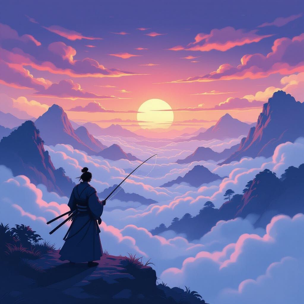 Samurai Fishing Clouds on Misty Mountain Peak