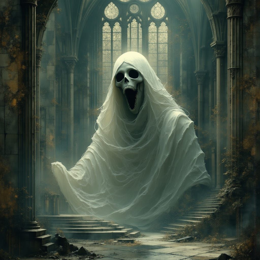 Ghostly Specter in Abandoned Gothic Cathedral