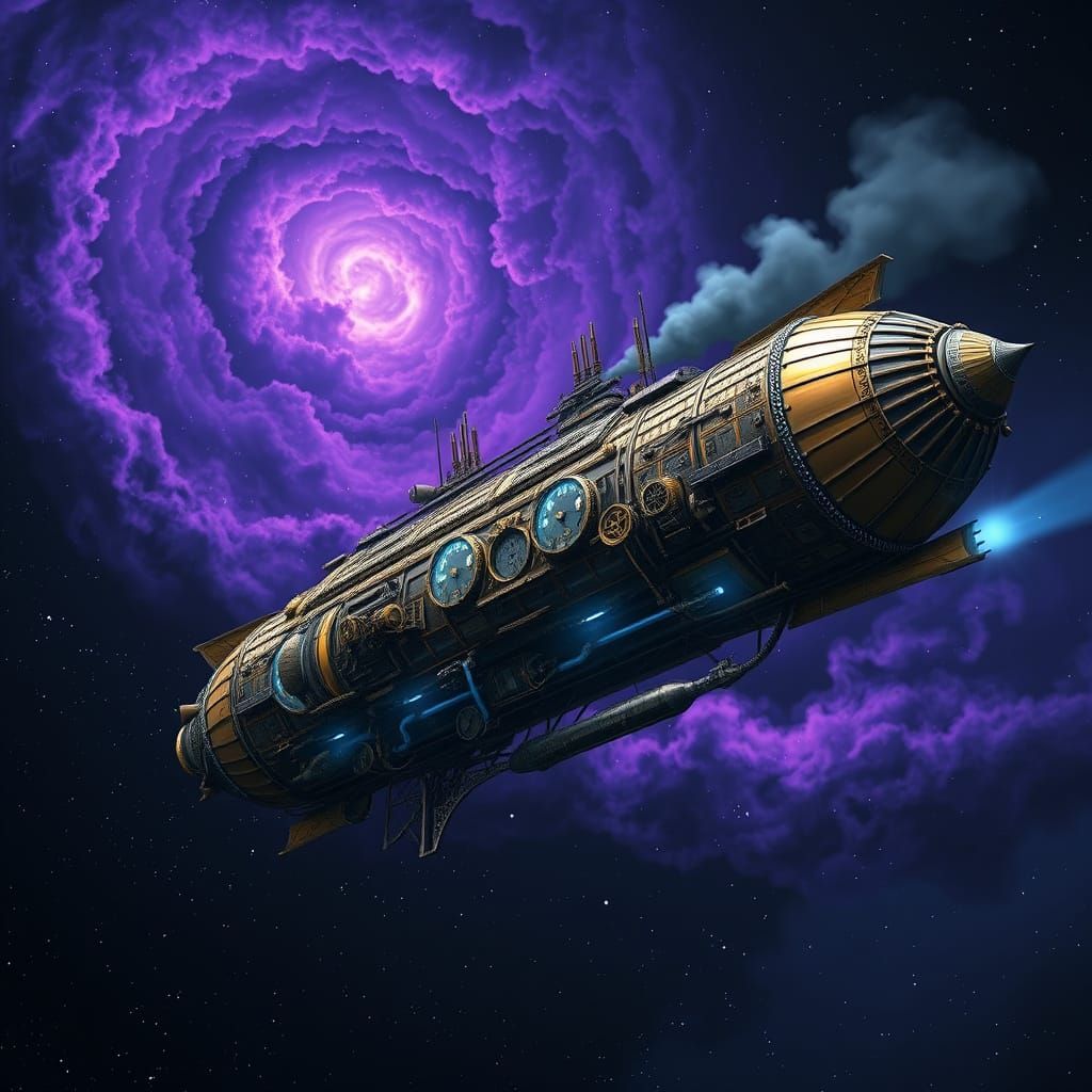 Steampunk Airship Drifting Through Cosmic Nebula