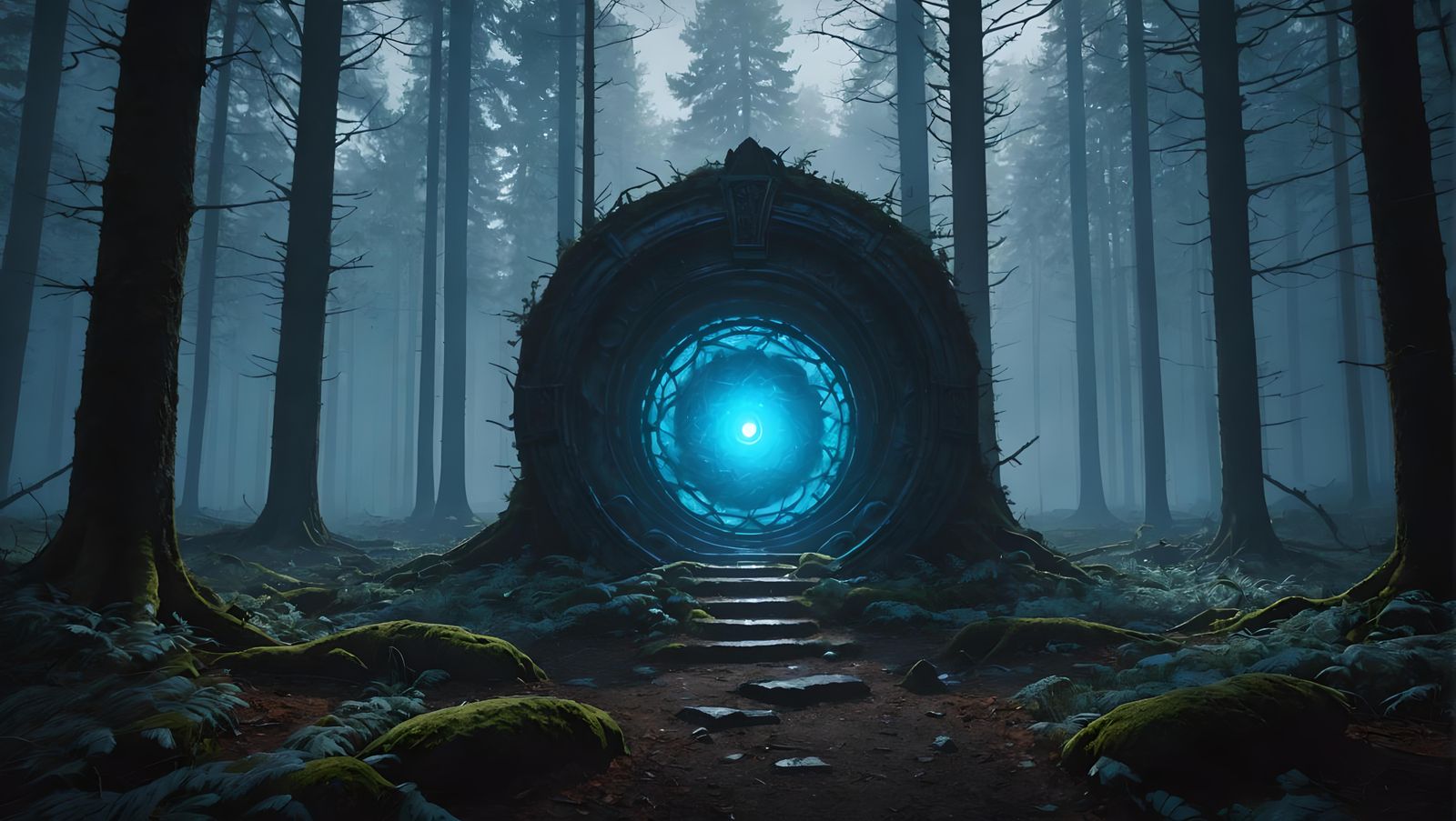 Eerie Blue Portal in a Foggy Winter Forest