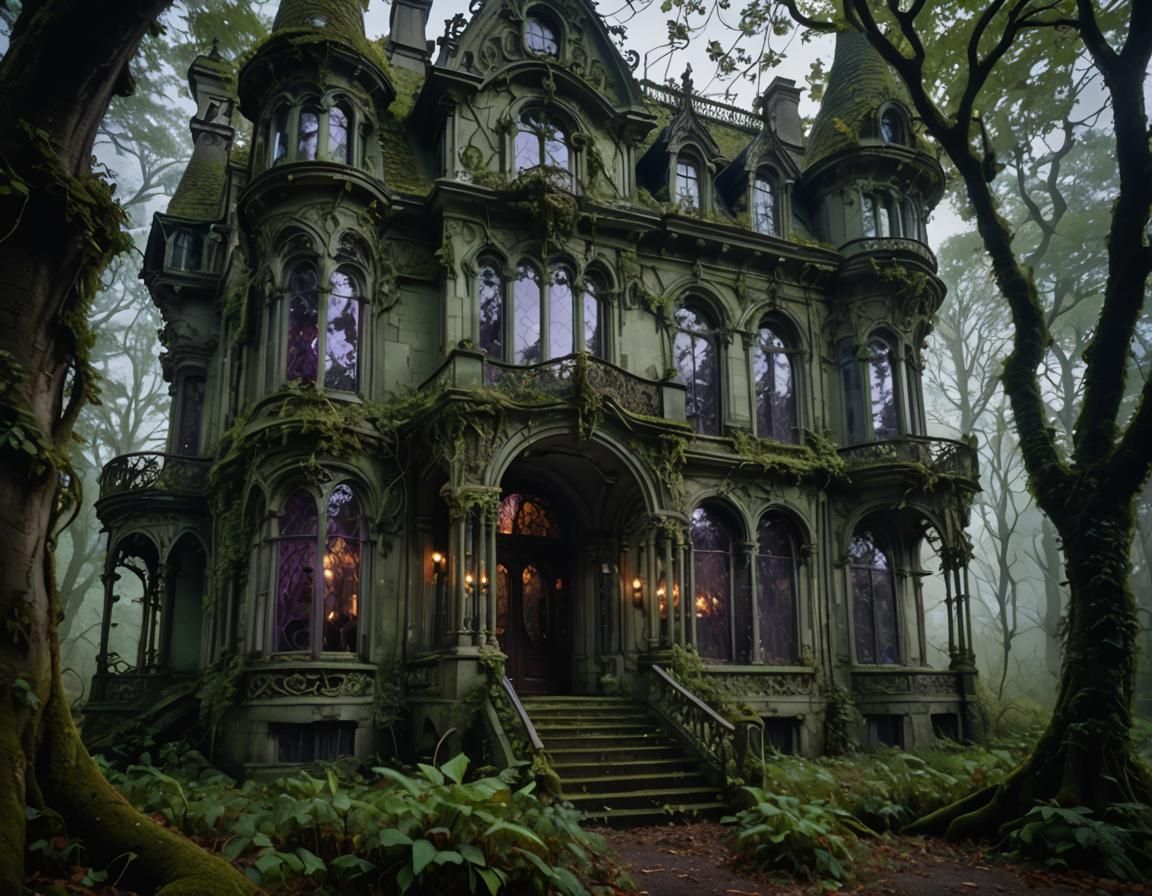 Art Nouveau Mansion in Misty Forest