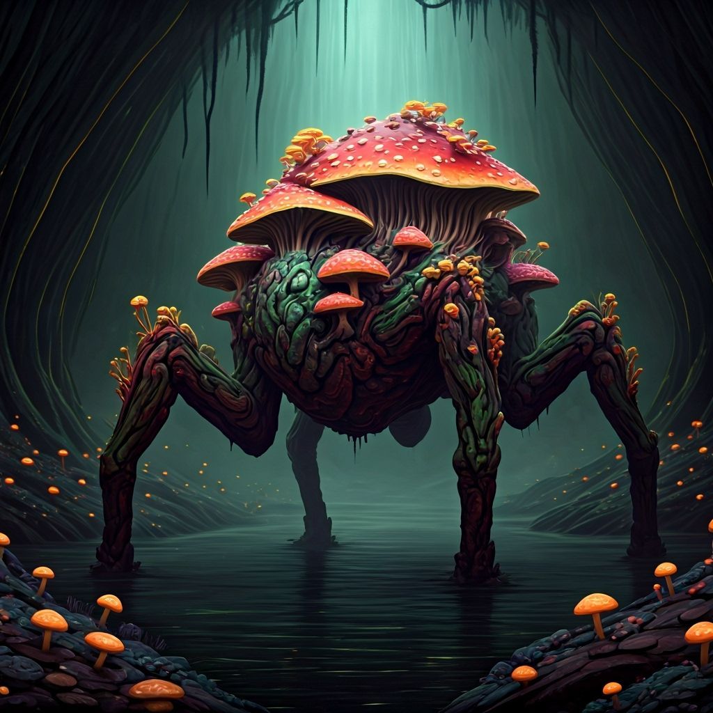 Dark Fantasy Mushroom Beast in Bioluminescent Swamp
