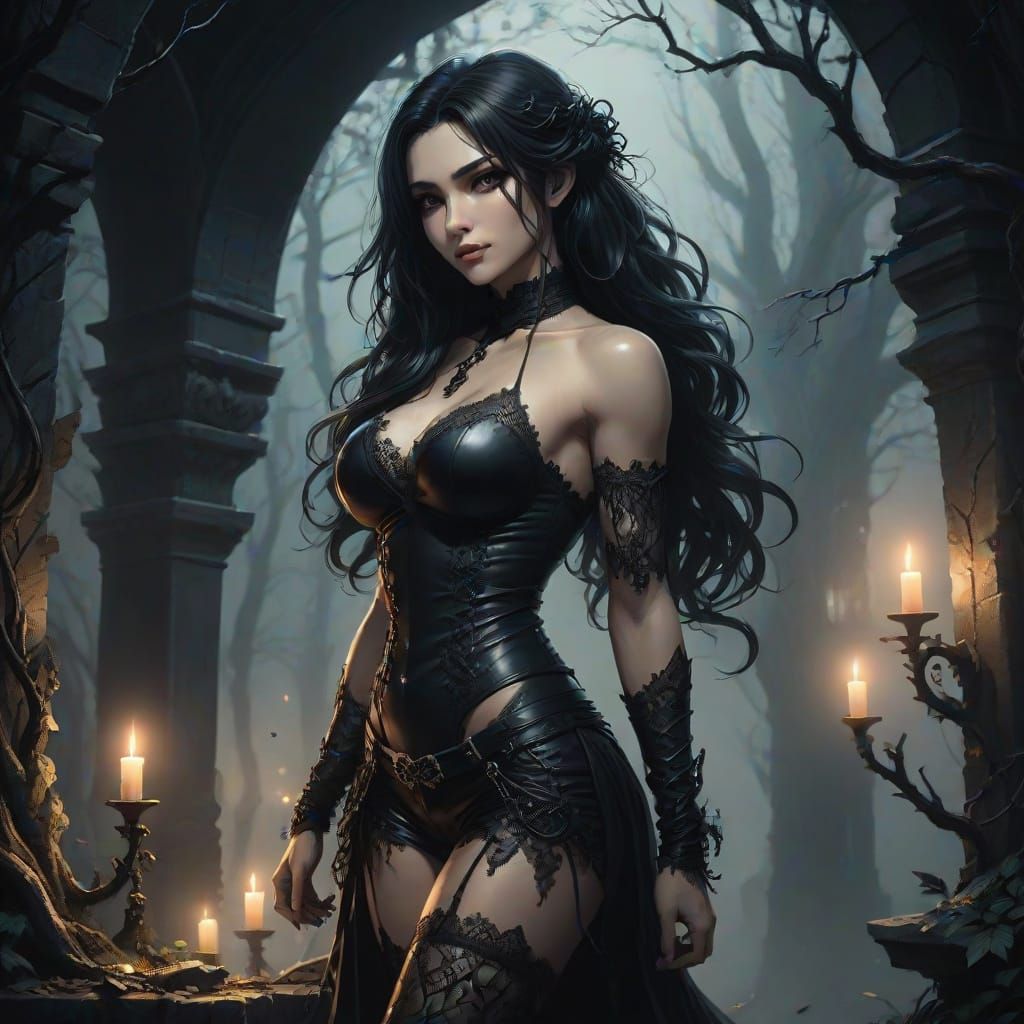 A muscular yet lithe Gothic woman with an athletic build, we...