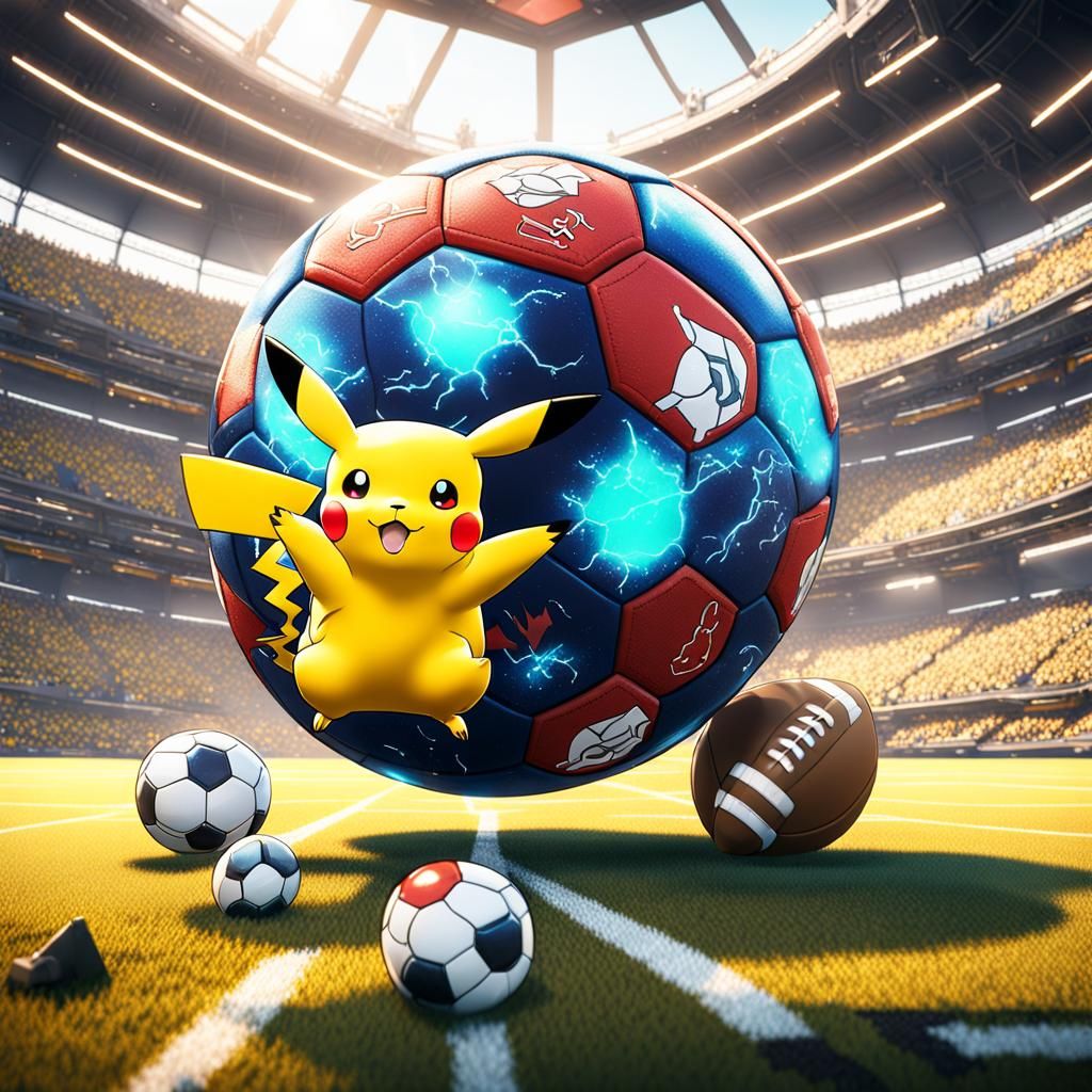 Pikachu and Pokémon Football Game in Detailed Painting
