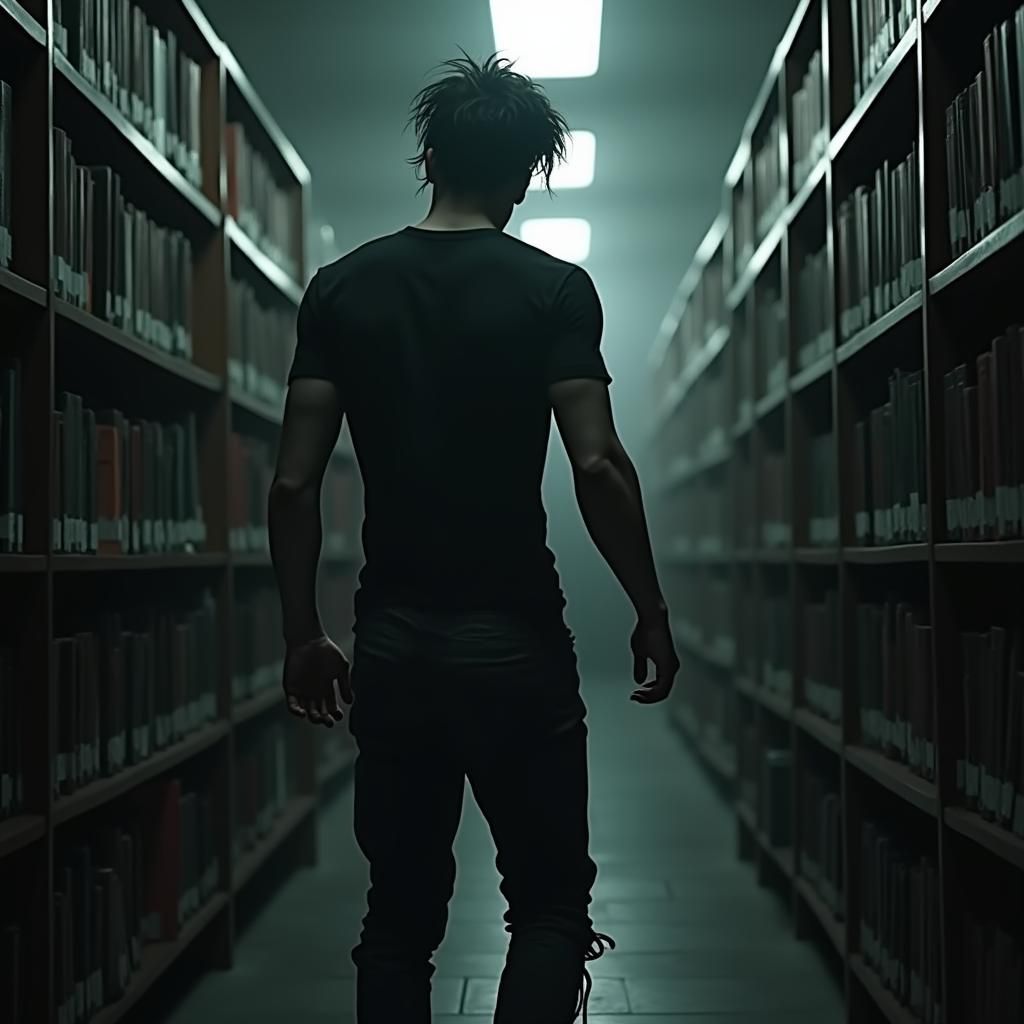 Gothic Teenager in Dimly Lit Library: Fantasy Concept Art