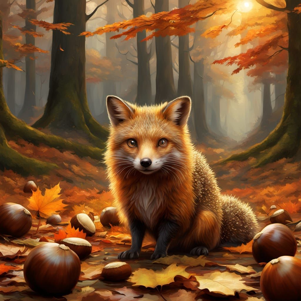 Fox and Hedgehog in Autumn Forest, Impressionist Style