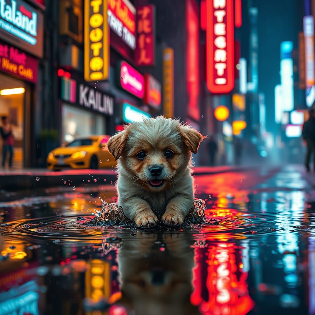 Adorable Puppy Splashes in Futuristic City