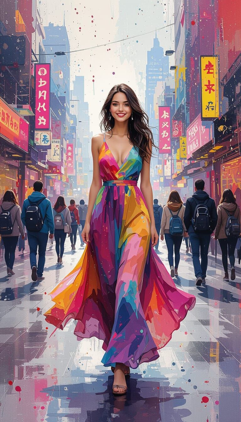 Polychromatic Cityscape with Woman in Flowing Dress