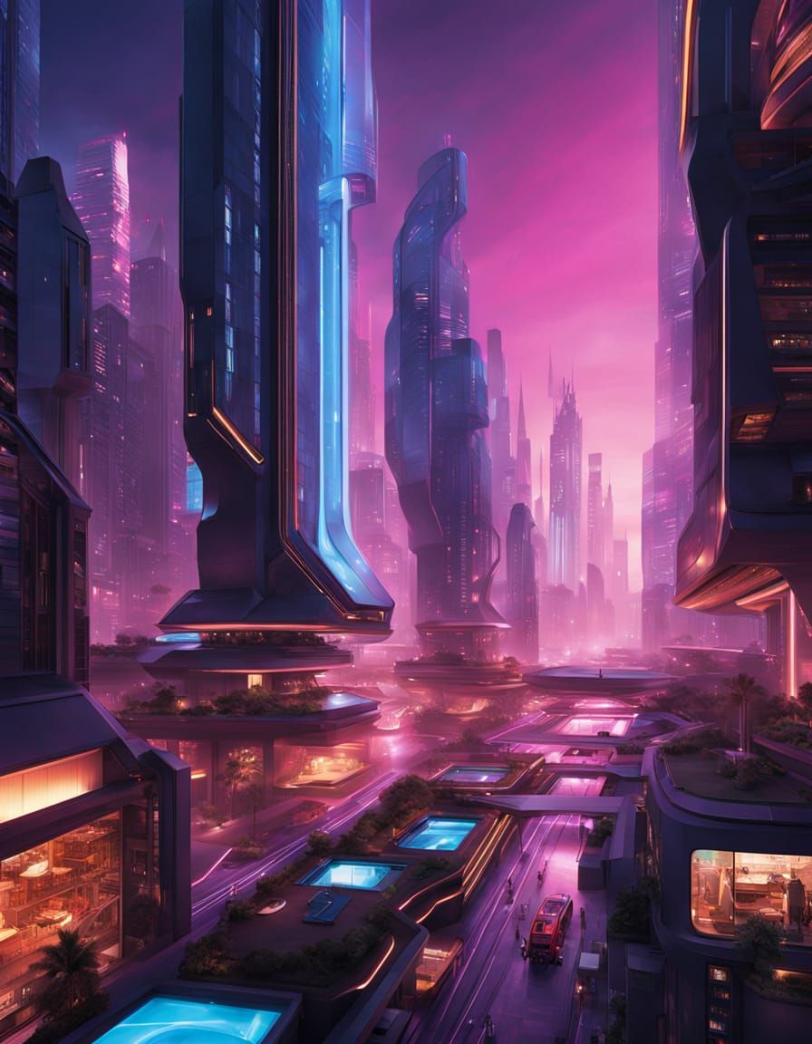 Cyberpunk Cityscape at Night with Neon Lights