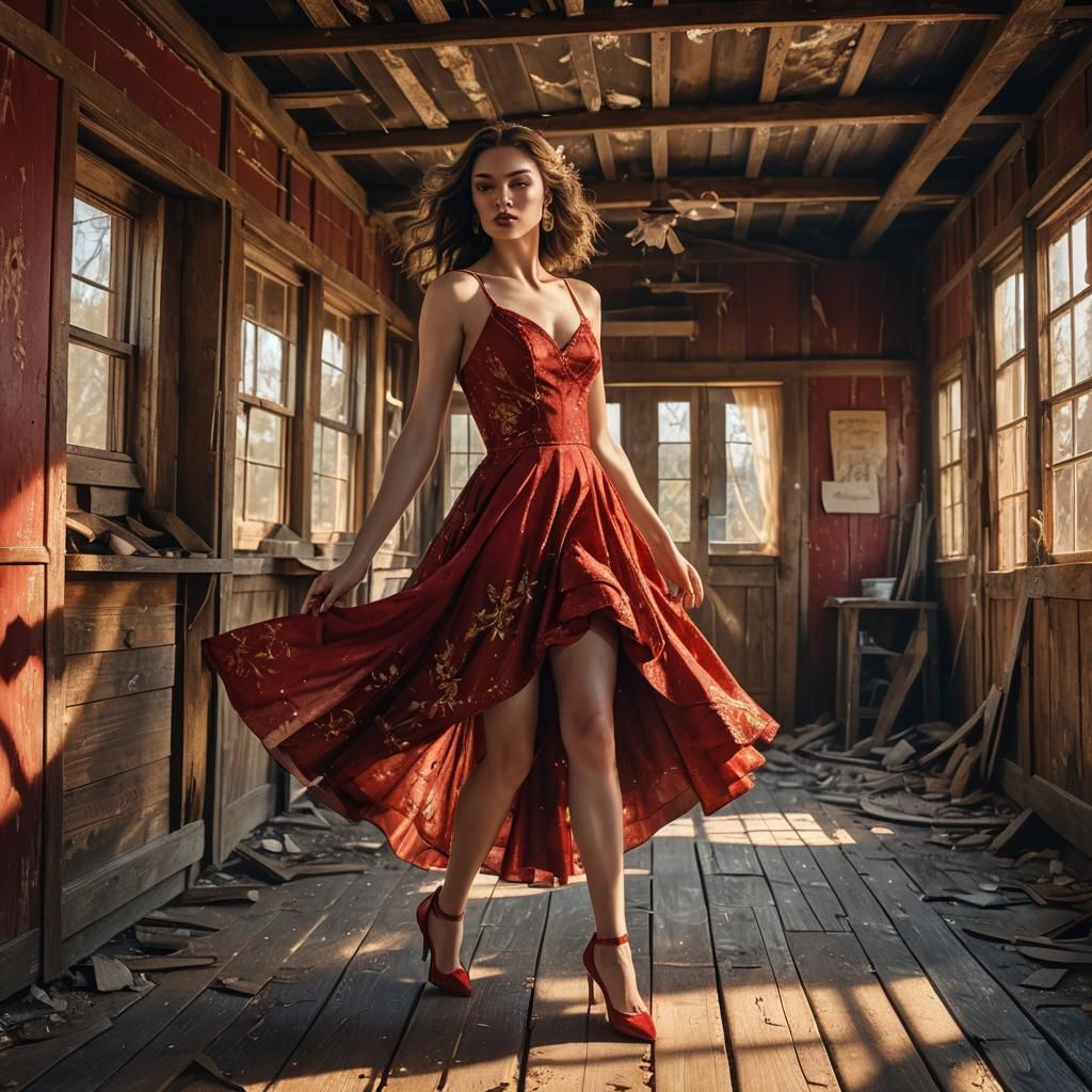 Woman in Red Dress Amidst Dilapidated Shack: Digital Art