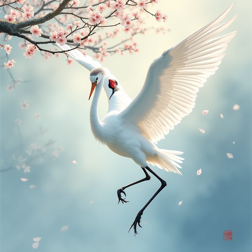 Elegant Ivory Crane Dance in Japanese Watercolor Style
