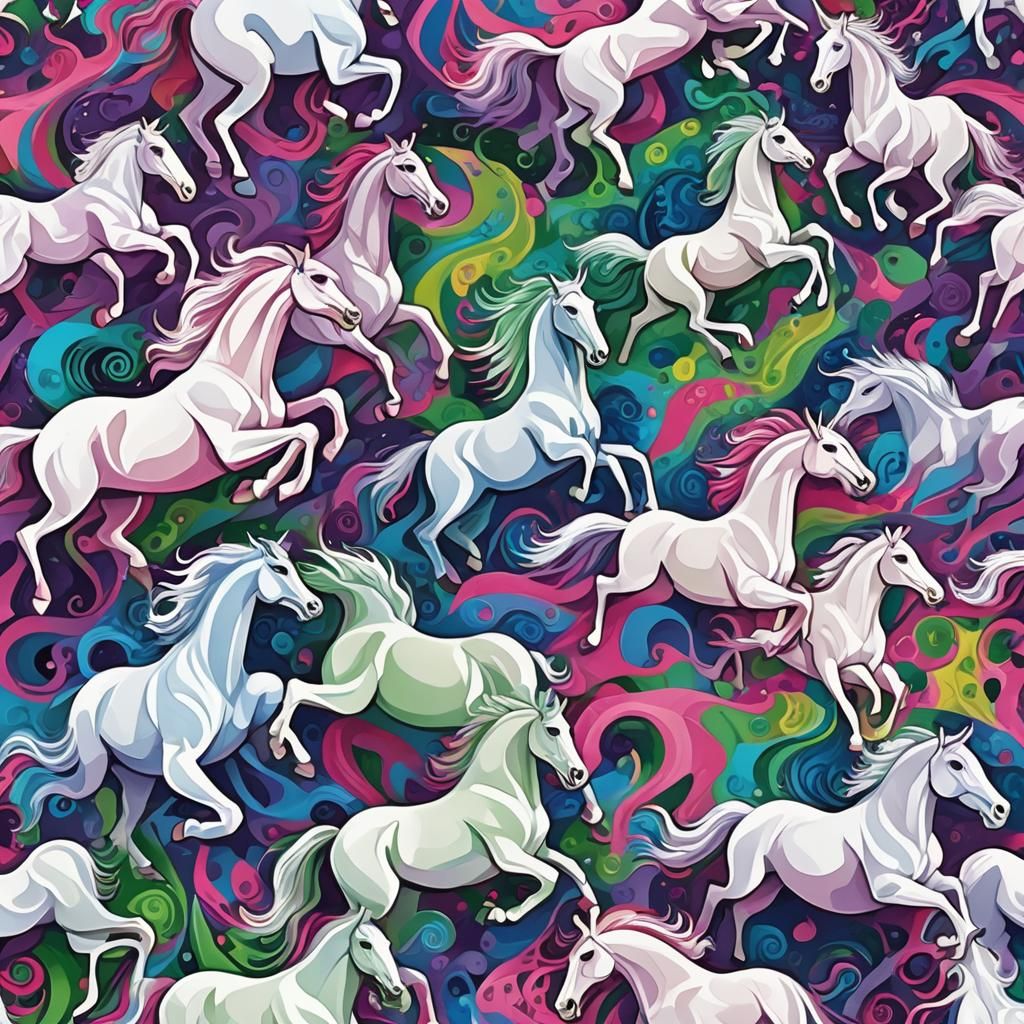 Galloping White Horses in Gouache Colors