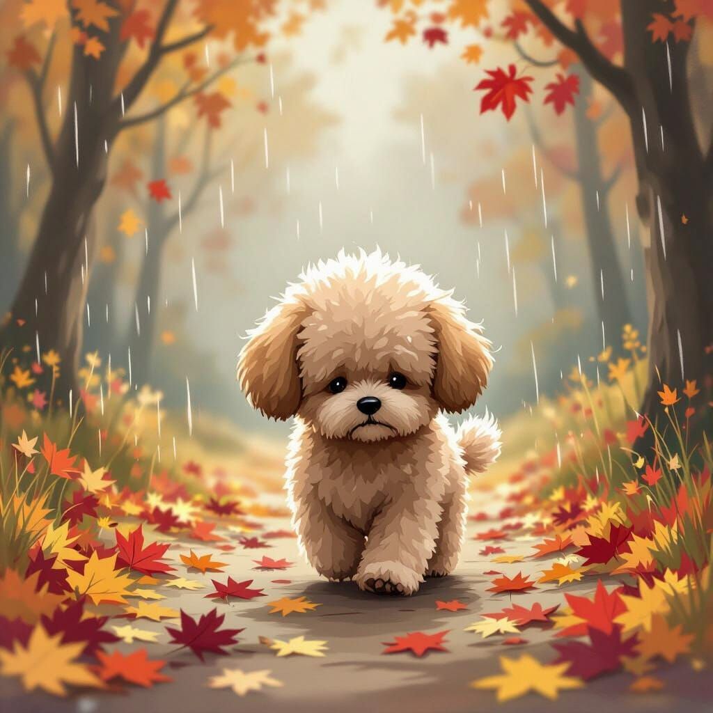 Sad Pompom Dog in Autumn Rain