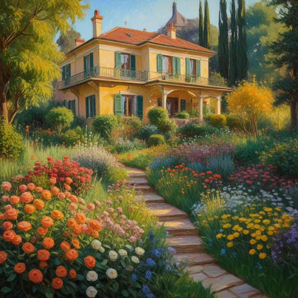 Impressionist Garden Villa with Flowers in Golden Light