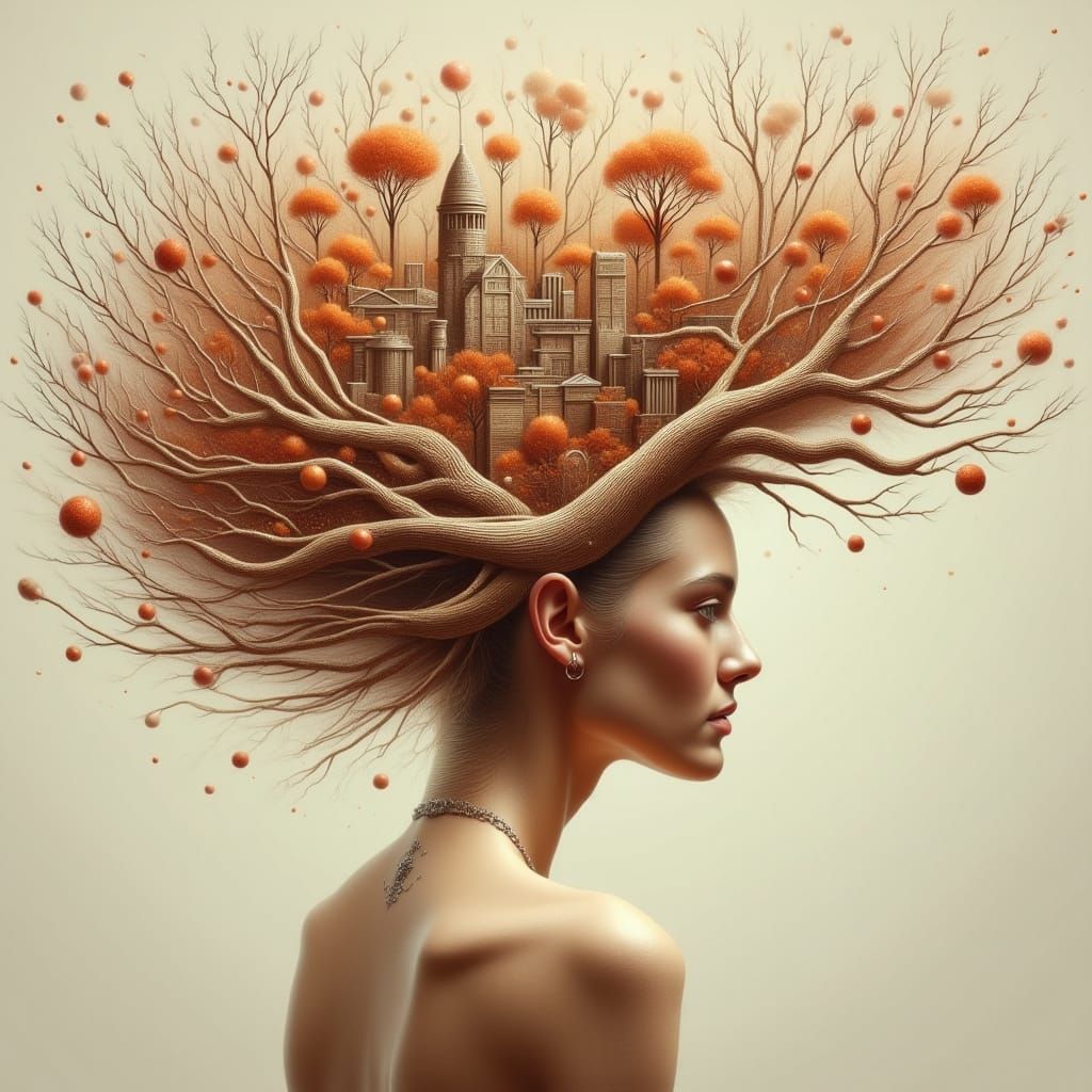Forest Hair: A Photorealistic Portrait with City Headpiece