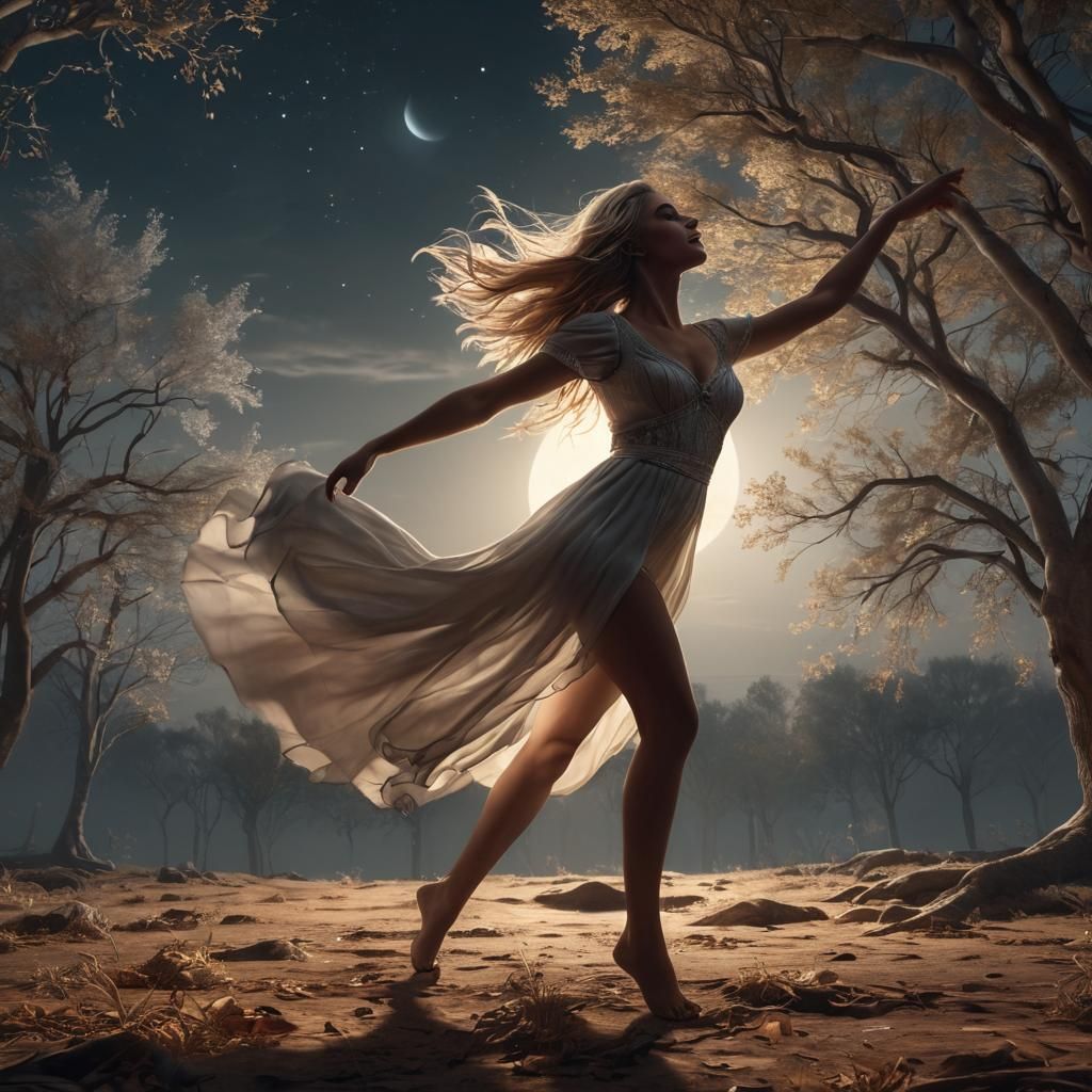 Woman Dancing Alone in Moonlight: Digital Matte Painting