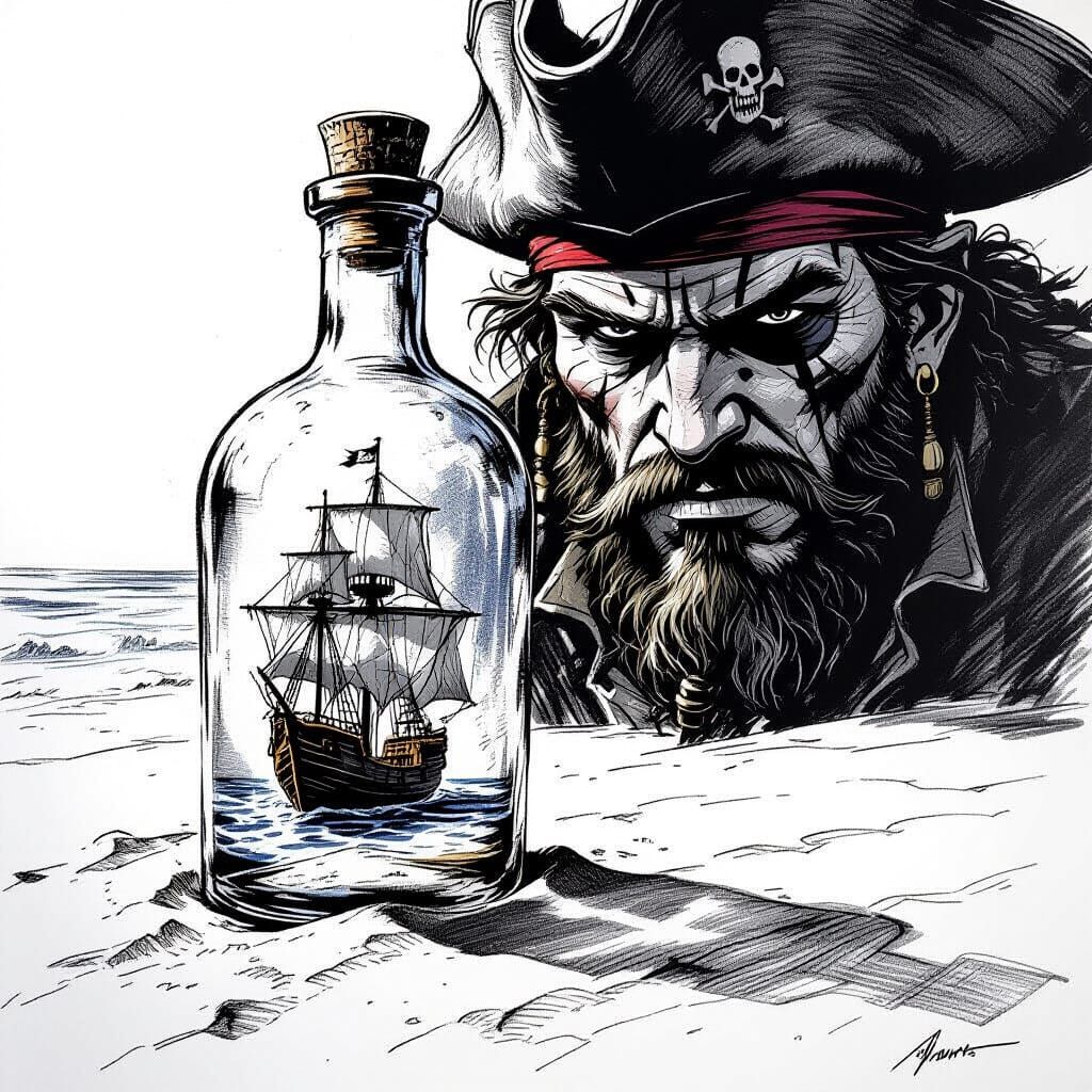 Pirate Captain's Intense Gaze at Ship in a Bottle