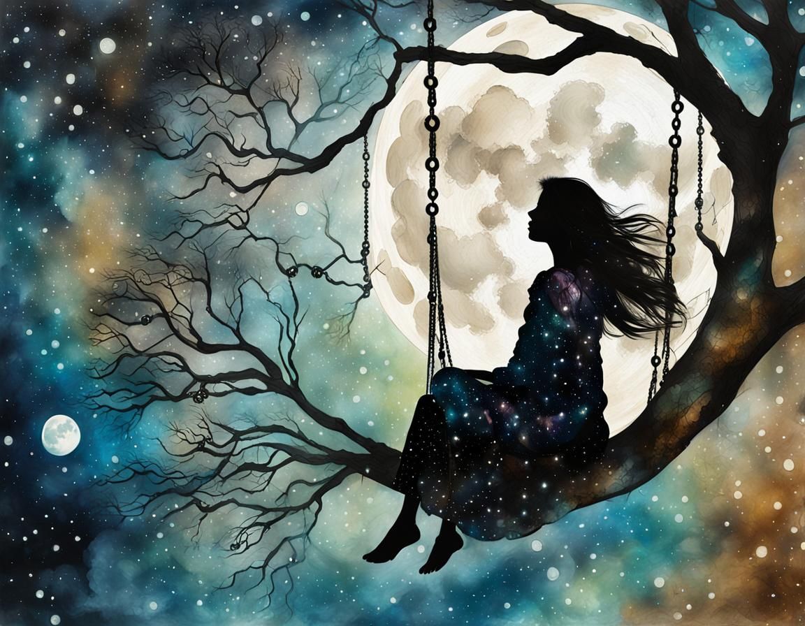 Mystical Woman on Swing in Symbolist Style