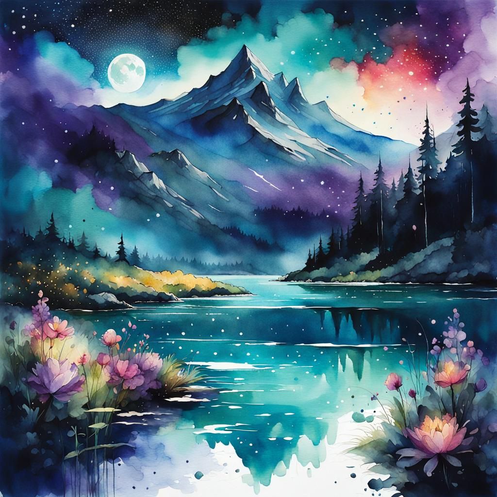 Vibrant Night Sky Watercolor Illustration