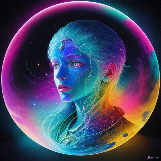 Cosmic Bubble Illustration in Pablo Amaringo Style