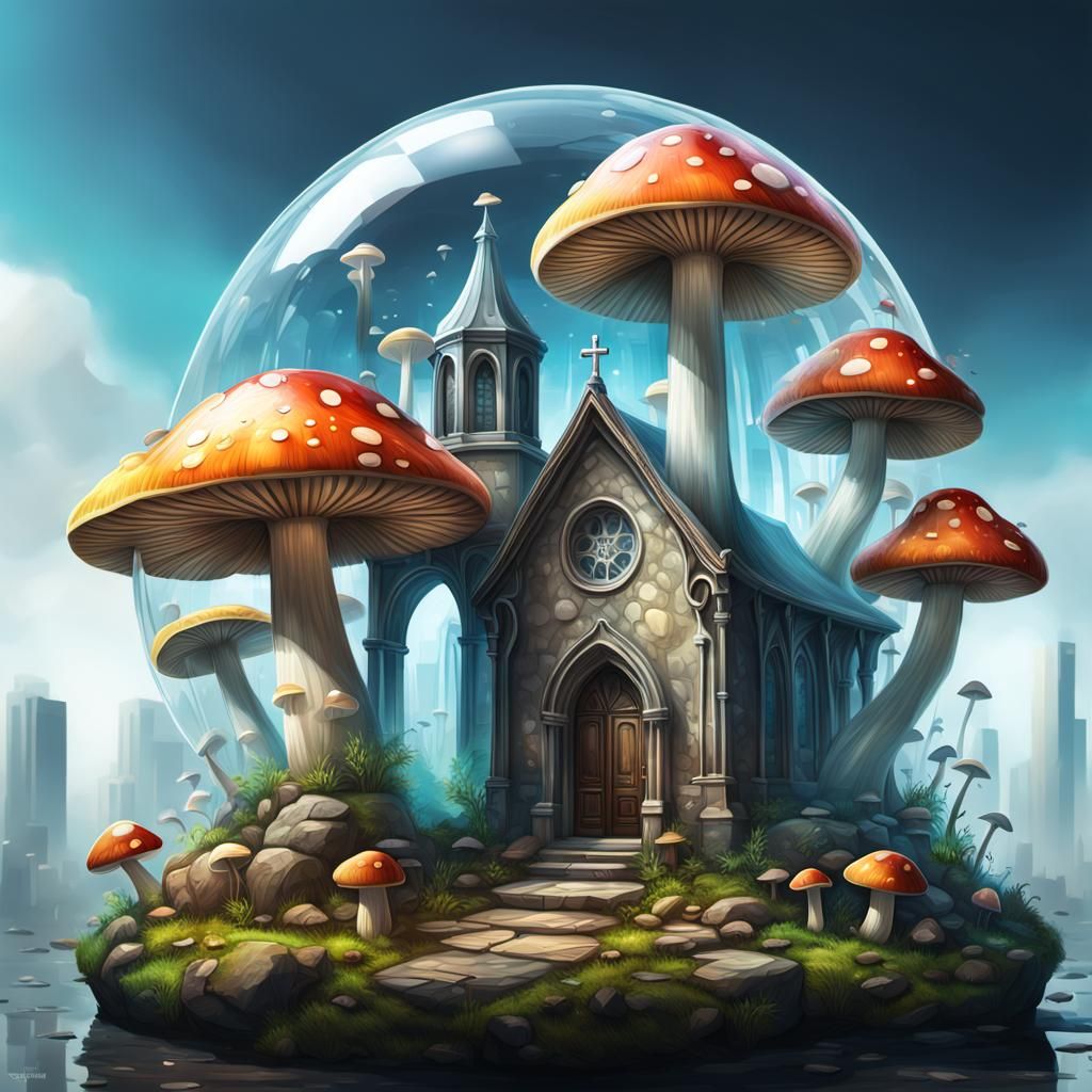 Mushroom with Transparent Chapel and Microscopic City