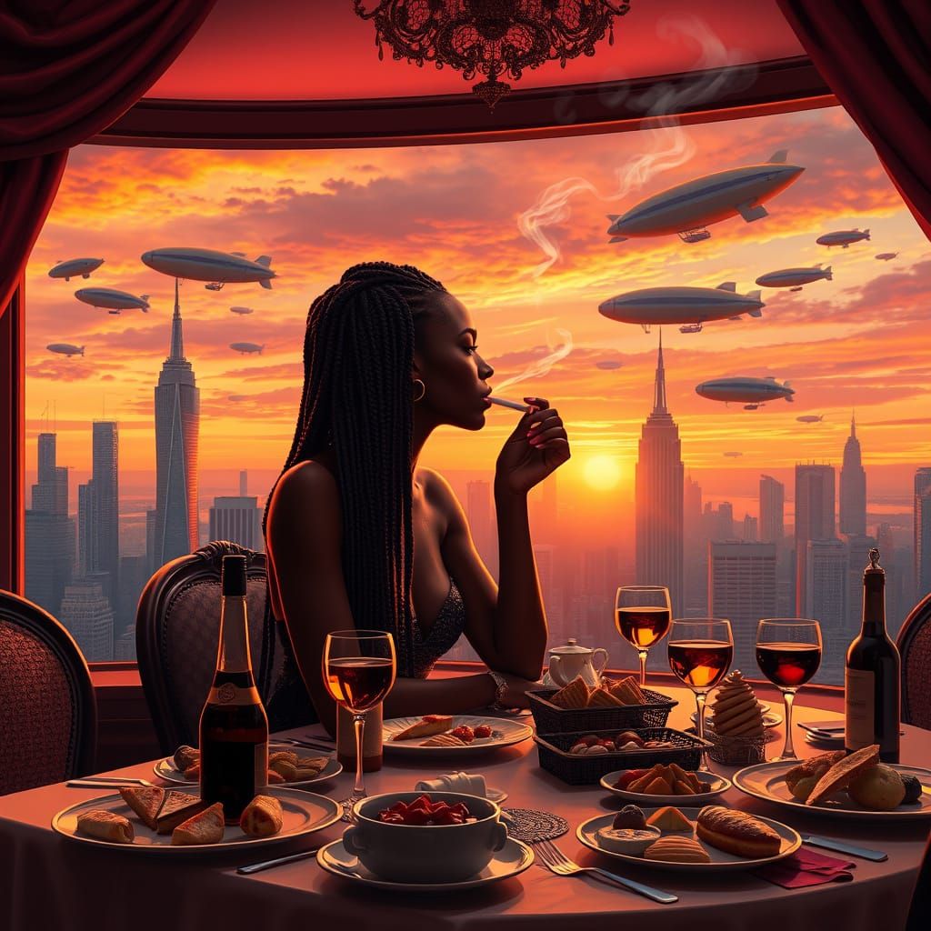 Elegant Woman at Grand Table in Retro Cityscape