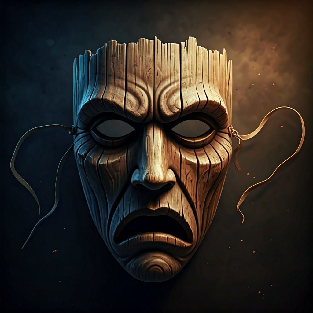 Ancient Wooden Mask in Dramatic Chiaroscuro