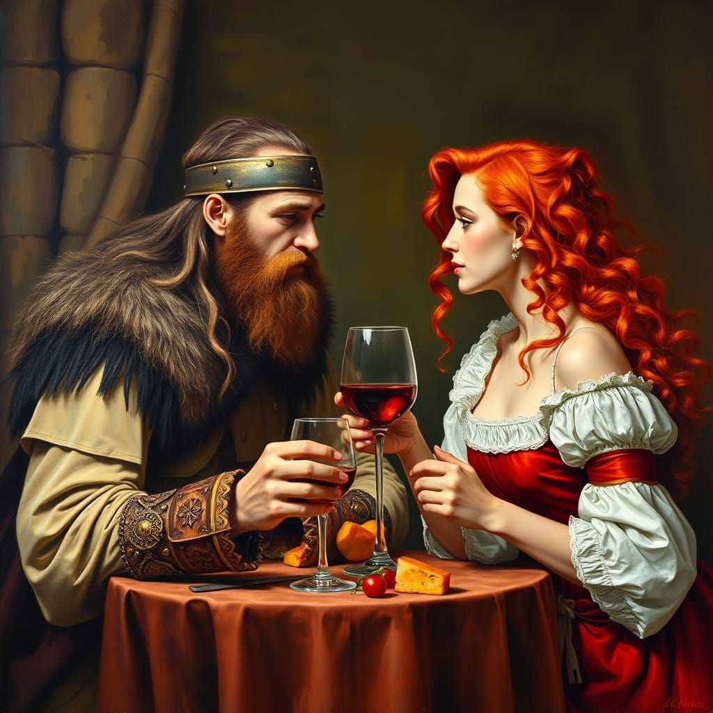 Viking and Renaissance Woman Romantic Dinner Oil Painting