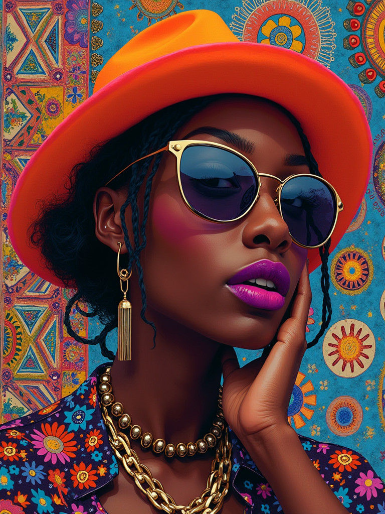 Psychedelic Portrait of a Woman with Purple Lipstick