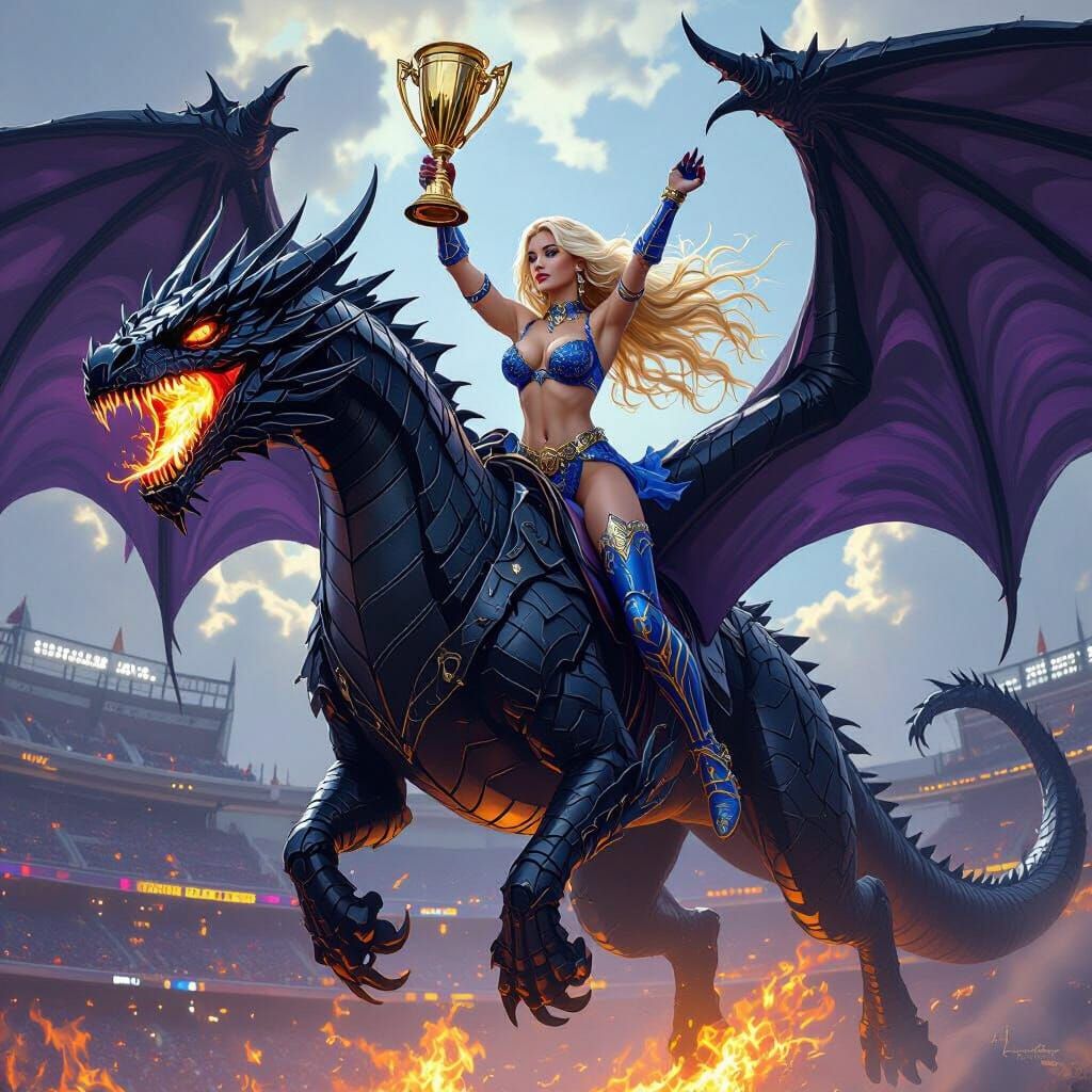 Warrior on Dragon Soaring Above Burning Stadium