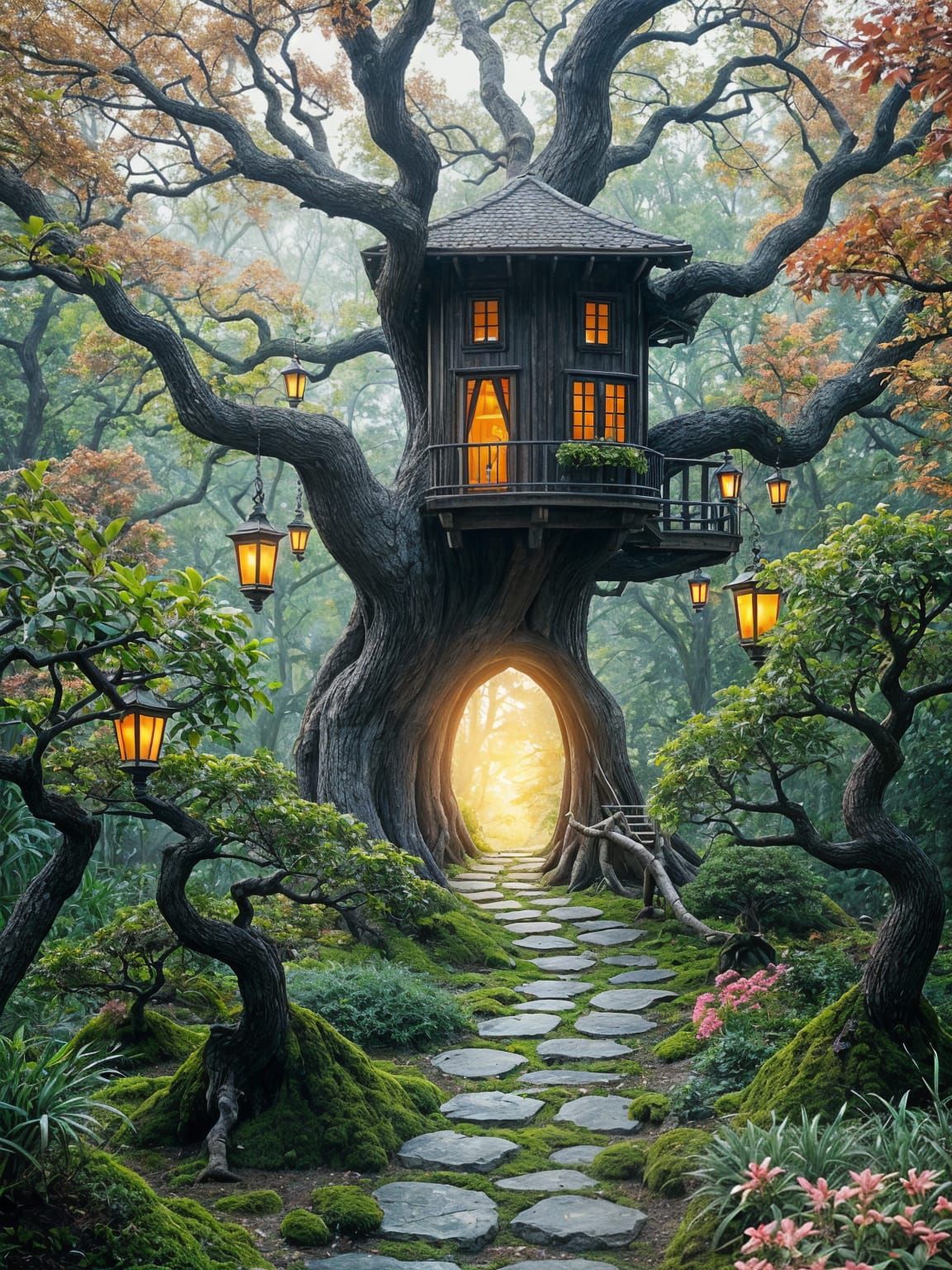 Ethereal Treehouse Portal in Dreamlike Beauty