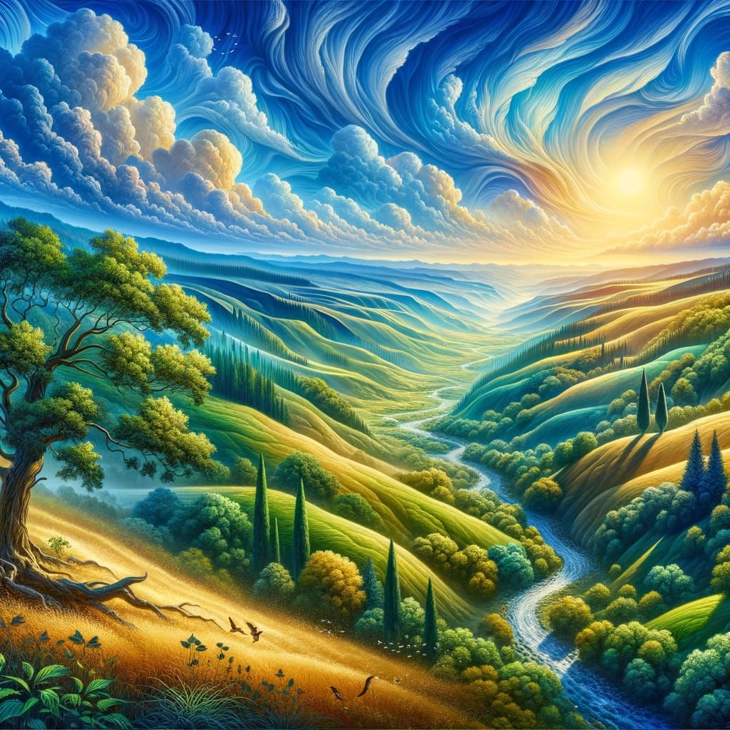 Panoramic Sunset Landscape with Ravine and Waving Hills