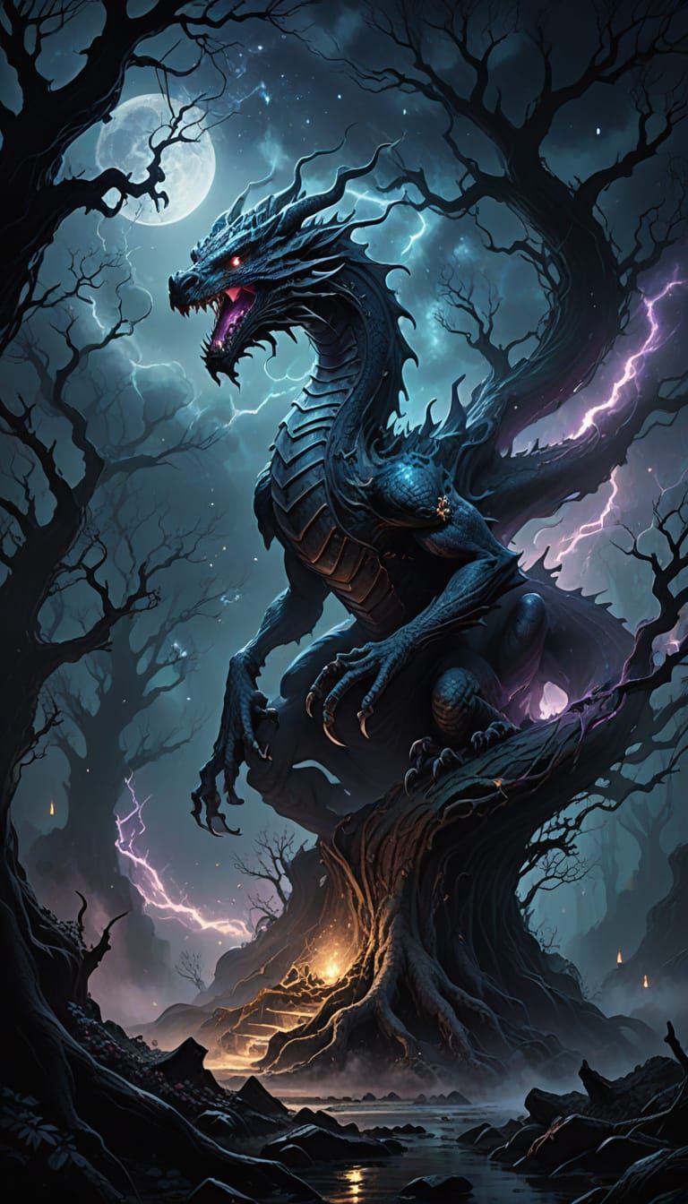 Spectral Dragon Emerges from Ancient Tree in Gothic Underwor...