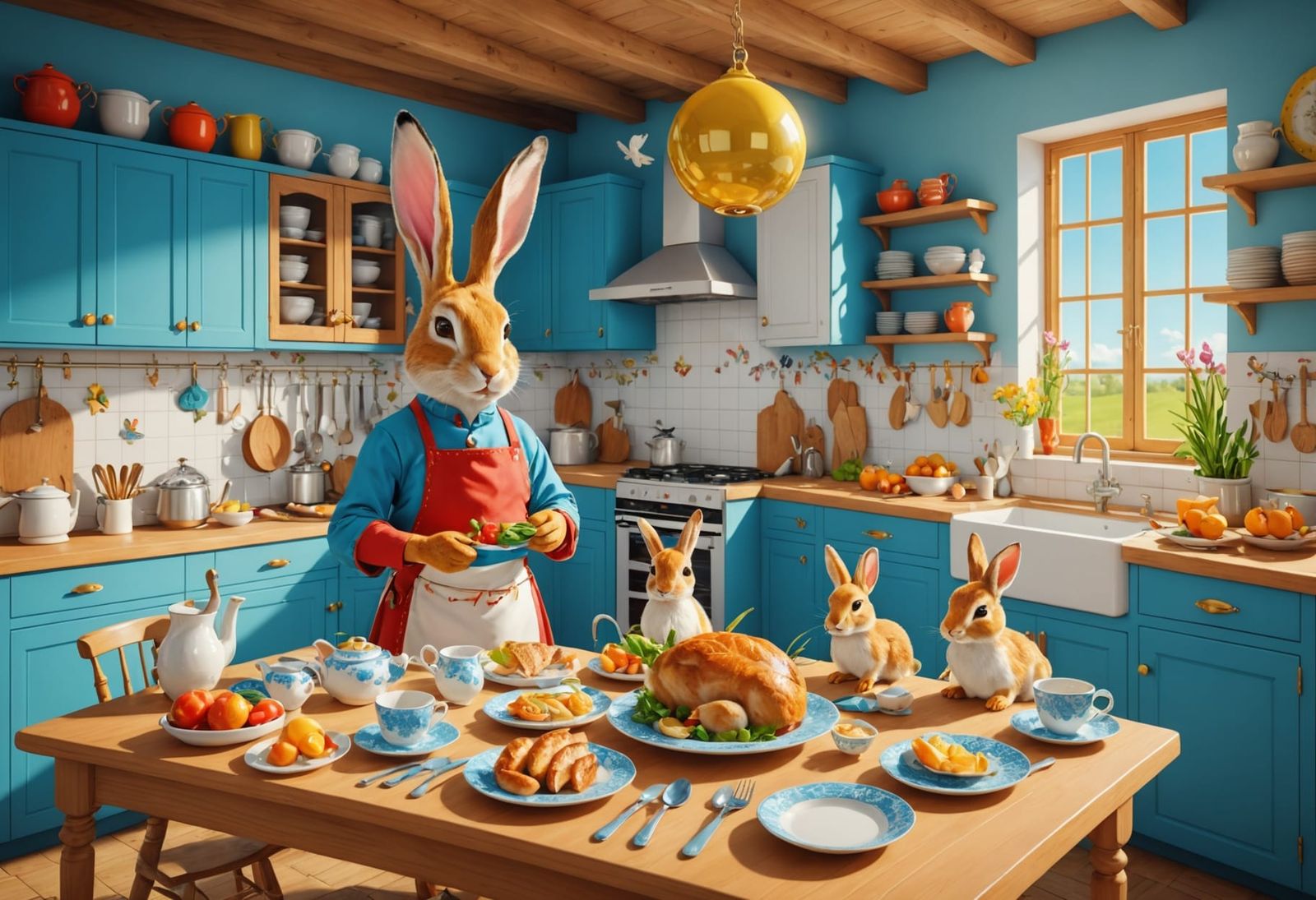 Festive Rabbit Kitchen in Folk Art Style