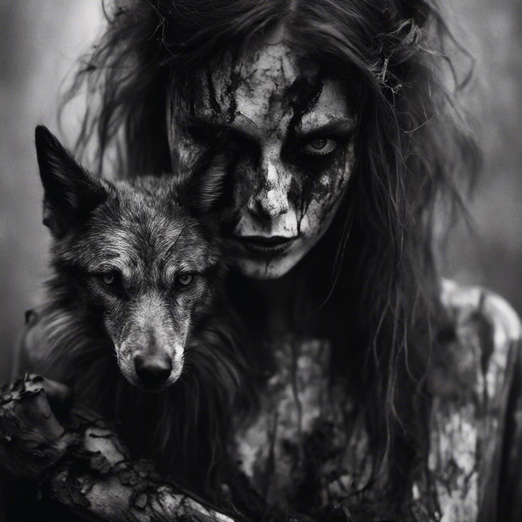 Monochrome Demon Woman and Wolf Portrait