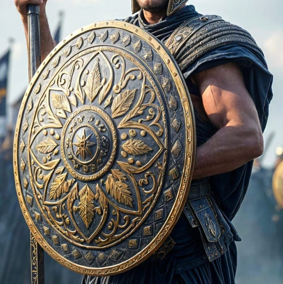 Greek Warrior with Decorative Shield in Vibrant Medieval Sce...