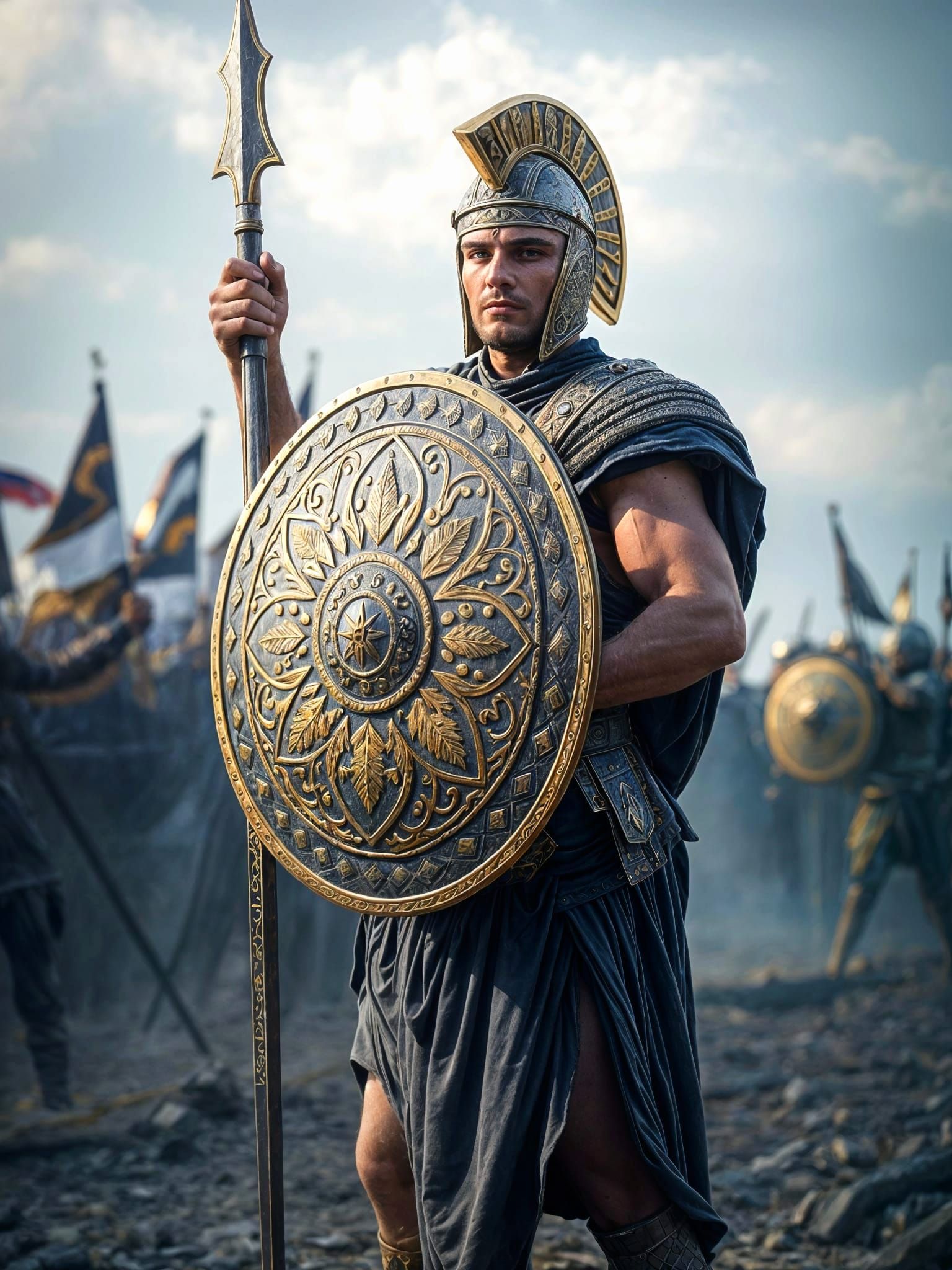 Greek Warrior with Decorative Shield in Vibrant Medieval Sce...