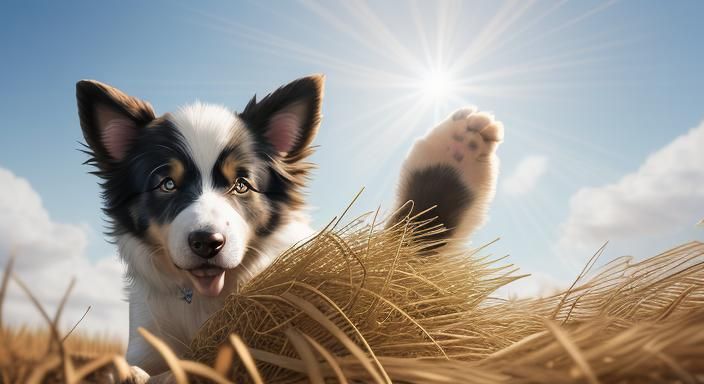 steampunk Border Collie pup, sleeping in straw, soctane rend...