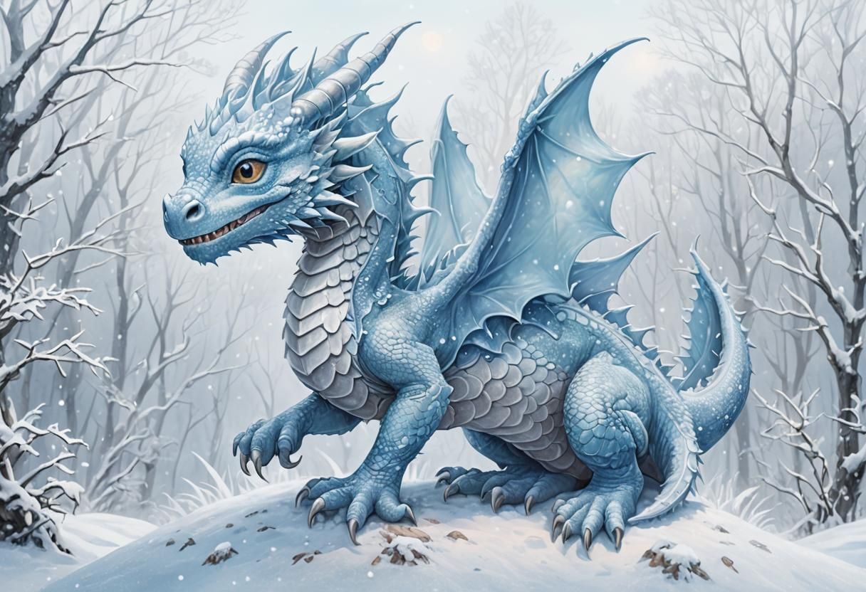 Snow Dragon in Winter Wonderland: Fantasy Illustration