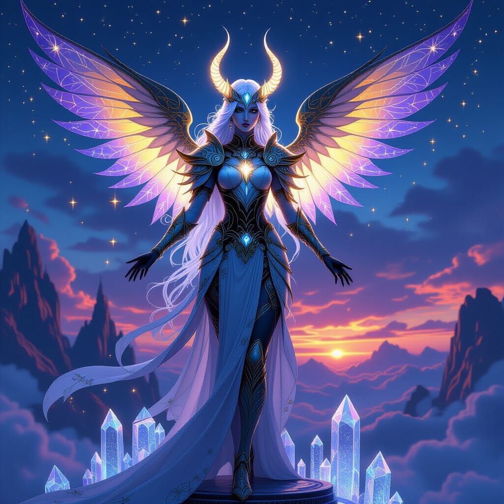 Celestial Guardian in Art Nouveau Dark Fantasy Scene