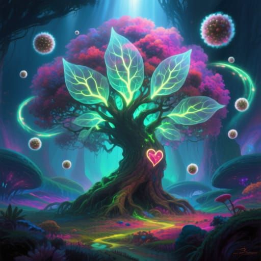 Heartbloom Tree in Alien Forest with Glowing Mana