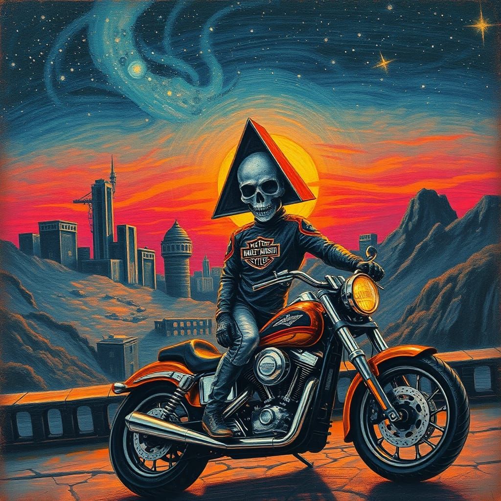 Synthwave Biker Pyramid Head Crayon Painting