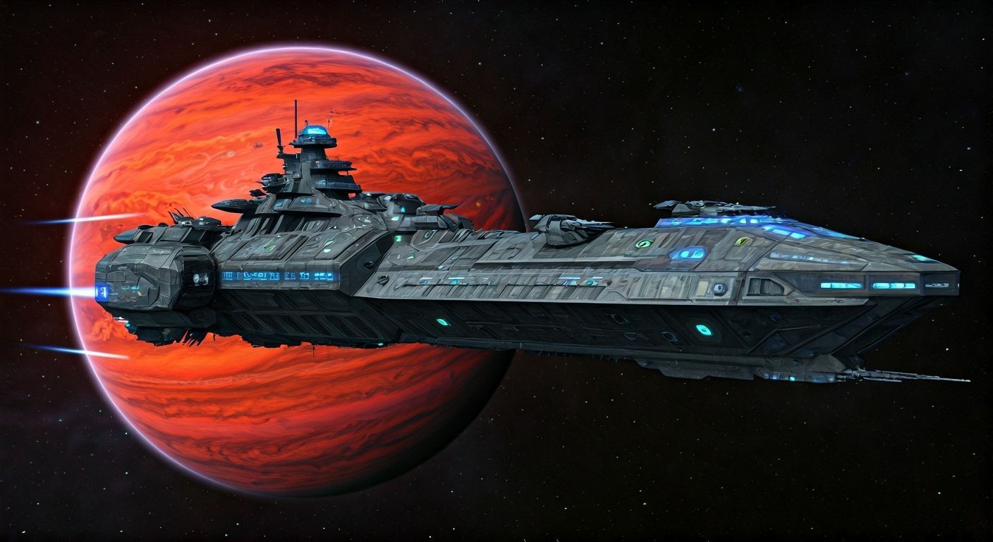 Sleek Sci-Fi Warship Orbiting Red Gas Giant