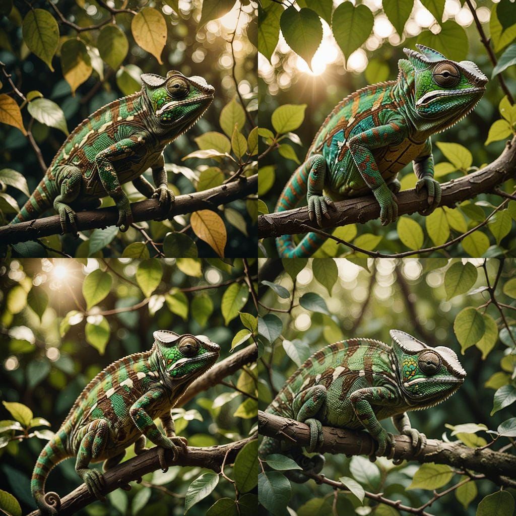 Camouflaged Chameleon on Branch in Cinematic Style